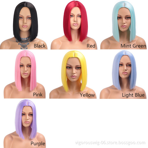 Vigorous Pink Wig Synthetic Straight Hair Middle Part Shoulder Length Bob Wigs for Women Colorful Fashion Bob Wigs